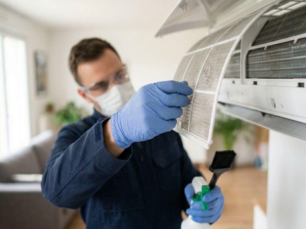 Une photographie réaliste en très gros plan, prise à l'intérieur d'un salon moderne et lumineux. On voit les mains d'un technicien, portant des gants de protection fins, en train de retirer délicatement le filtre d'une unité intérieure de climatisation murale blanche et totalement anonyme (sans marque ni logo). Le technicien tient une petite brosse de nettoyage professionnelle et un spray désinfectant. La profondeur de champ est faible : le focus est fait sur les alvéoles du filtre et l'action de nettoyage, tandis que le visage du technicien et l'arrière-plan de la pièce de vie sont plongés dans un flou artistique. La lumière claire et douce met en valeur la sensation de propreté, de minutie et d'hygiène, illustrant parfaitement l'entretien soigné pour garantir la qualité de l'air.