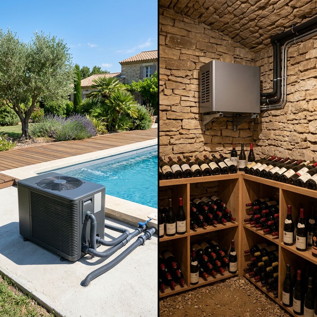 Une photographie composite, divisée verticalement en deux scènes réalistes, illustrant deux types de pompes à chaleur résidentielles couramment installées en France, sans aucun texte ni logo sur les équipements.

Partie gauche (Piscine) : Un plan moyen en extérieur, sous un ciel bleu azur ensoleillé, au bord d'une piscine creusée. Sur une dalle de béton propre, une pompe à chaleur de piscine (type monobloc horizontal ou vertical, de couleur gris anthracite neutre, sans aucun texte ni logo visible, avec une grille de ventilateur supérieure) est installée. L'unité est raccordée de manière ordonnée à la piscine par des tuyaux PVC flexibles annelés (gris foncé) et des raccords rigides. L'environnement immédiat comprend un deck en bois de cumaru, des margelles en pierre calcaire clair, et un jardin méditerranéen avec un olivier, des lavandes et des palmiers en arrière-plan flou, typique du sud de la France. Une maison en pierre de Provence ou crépi clair est visible à distance.

Partie droite (Cave à vin) : Un plan moyen en intérieur, dans une cave à vin traditionnelle. Sur un mur de pierre sèche calcaire, une unité de régulation de cave à vin (plus petite, discrète, type monobloc mural, de couleur gris métallisé, sans aucun texte ni logo visible, avec des ouïes d'aération fines) est fixée. Des tuyaux isolés noirs et des conduits métalliques de petit diamètre s'en échappent. La cave est aménagée avec des racks de bouteilles de vin en chêne clair, remplis de bouteilles aux étiquettes réalistes (mais floues). Le sol est en gravier fin et terre battue. L'éclairage est une ambiance LED chaude et tamisée. Des bouteilles de Bordeaux et de Bourgogne sont reconnaissables par leur forme. L'installation est soignée et intégrée à l'architecture de la cave.

Détails techniques : Photographie documentaire de haute qualité, lumière naturelle vive à gauche (soleil du sud), lumière artificielle chaude à droite (LED). Division centrale nette. Profondeur de champ contrôlée pour mettre en valeur les équipements et leurs raccordements réalistes, avec des textures nettes du métal, du plastique, de la pierre et du bois. Absolument aucun texte visible sur les machines elles-mêmes. L'installation des tuyaux est propre et conforme aux normes françaises.