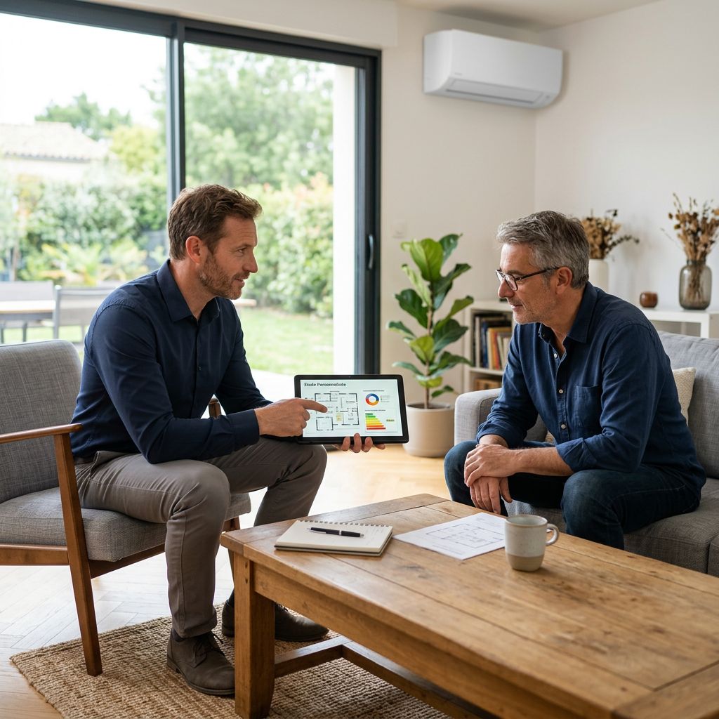 Une photographie réaliste et lumineuse, cadrée en plan moyen, montrant un conseiller technique en chemise professionnelle neutre (sans aucun logo) assis autour d'une table basse dans un salon français moderne avec un client. Le technicien montre des plans de maison et des graphiques sur une tablette tactile, illustrant une "étude personnalisée". En arrière-plan, subtilement intégré dans le décor et légèrement flou (faible profondeur de champ), on distingue une unité intérieure de climatisation murale blanche (type mono-split), au design épuré, totalement vierge de tout texte ou marque. Le salon est baigné de lumière naturelle provenant d'une grande baie vitrée, mettant en valeur des matériaux chaleureux comme un parquet en chêne. L'ambiance générale dégage une impression de sérieux, d'écoute et de conseil professionnel haut de gamme.