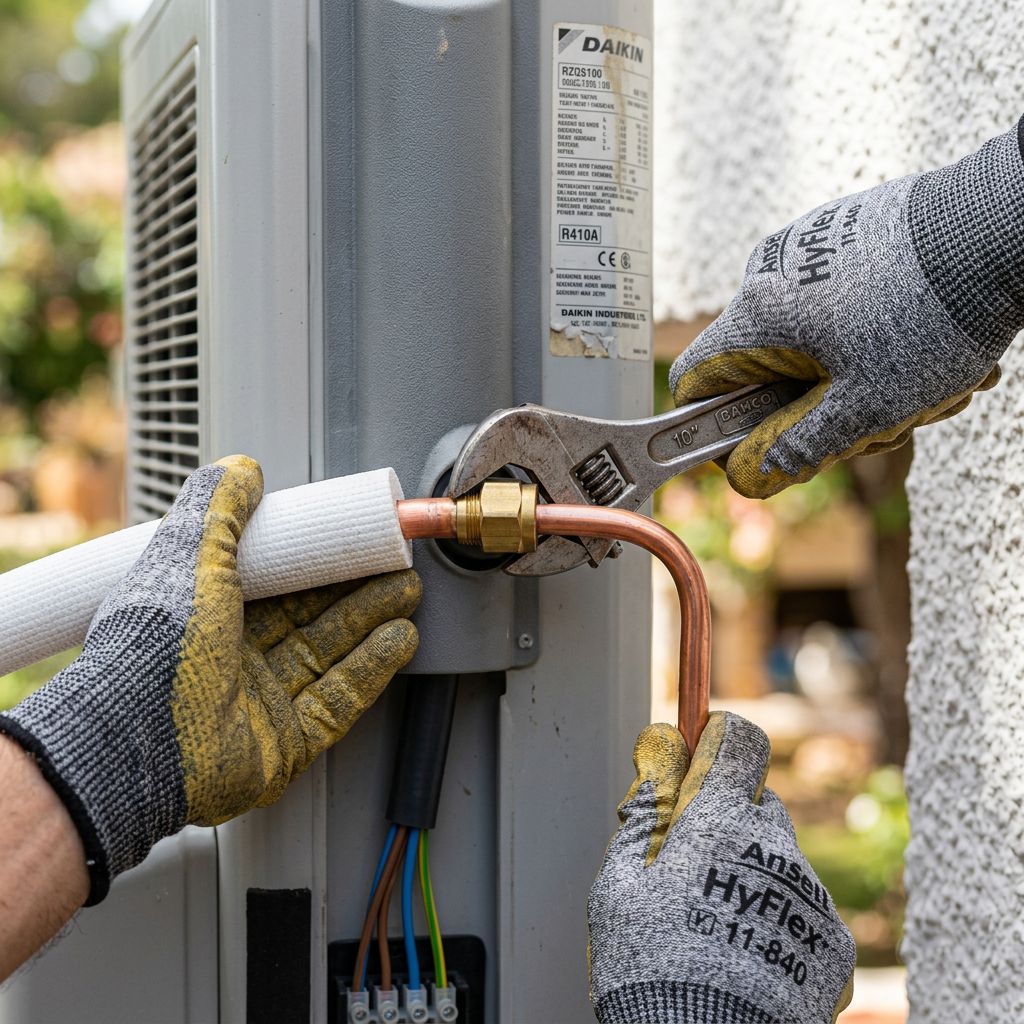 Une photographie macro photoréaliste et extrêmement détaillée, cadrée de manière très serrée sur des mains au travail. L'arrière-plan immédiat est le panneau latéral de l'unité extérieure de climatisation (le condenseur), de couleur gris clair, qui est montée sur un socle au sol discret ou un support mural invisible, collée juste contre un mur de crépi blanc. Aucun support mural métallique visible (pas de "rail"). Le focus est fait sur les mains d'un technicien (portant des gants de protection fins et techniques, similaires à ceux de l'original), qui utilisent une clé à molette pour serrer avec précision un raccord de tuyau en cuivre sur une valve latérale. On voit les détails texturés des gants, la clé à molette en acier, les écrous en laiton et le cuivre brillant. Les tuyaux isolés blancs et les câbles électriques (avec des fils de couleur bleu, marron et jaune/vert) sont visibles, connectés à l'unité. Le panneau latéral montre une grille de ventilation et une étiquette technique avec de petits caractères, où le mot "Daikin" est à peine lisible, juste une partie du logo ou de la marque, pas le grand logo frontal. La lumière naturelle est vive et directe, faisant briller le métal et le cuivre. L'arrière-plan est le mur de crépi blanc et une zone très floue de couleurs méditerranéennes indistinctes. L'homme est totalement absent de l'image, seul son travail et ses mains sont visibles.